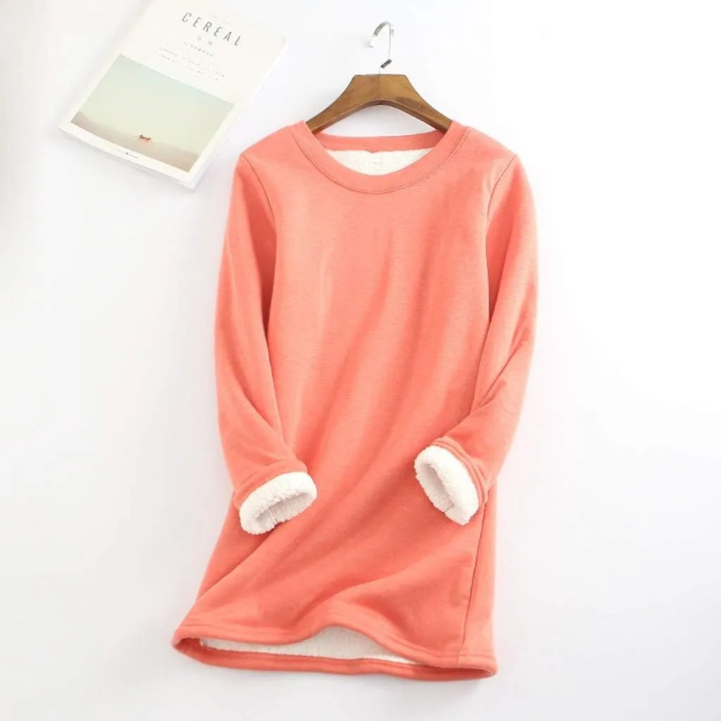 Fleece Lined Sweatshirt Women Winter Warm Sherpa Pullover Casual Crewneck Cute Fleece Pullover Long Sleeve Thermal Top