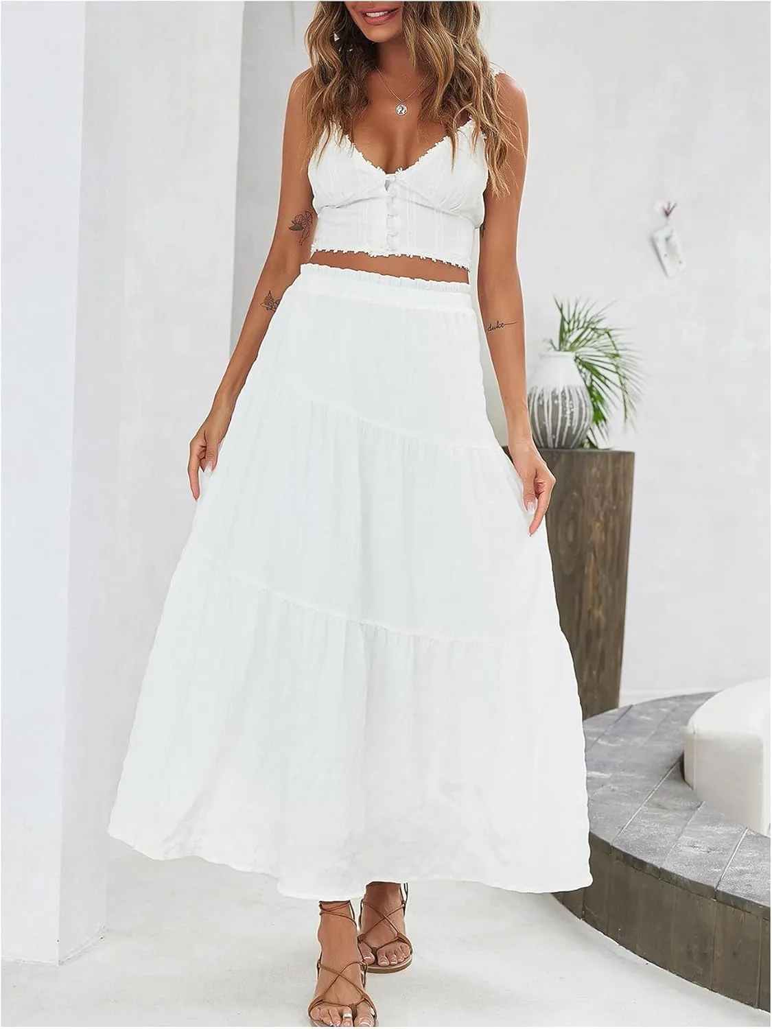 Floerns Women's Elastic High Waist Ruffle Hem Maxi Skirt Layer Boho Flowy Skirts