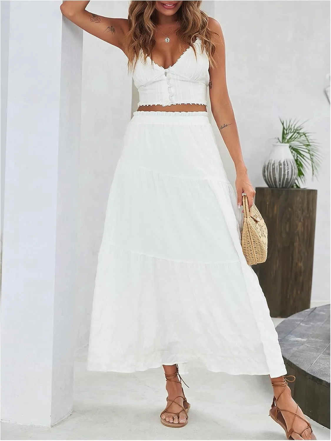Floerns Women's Elastic High Waist Ruffle Hem Maxi Skirt Layer Boho Flowy Skirts