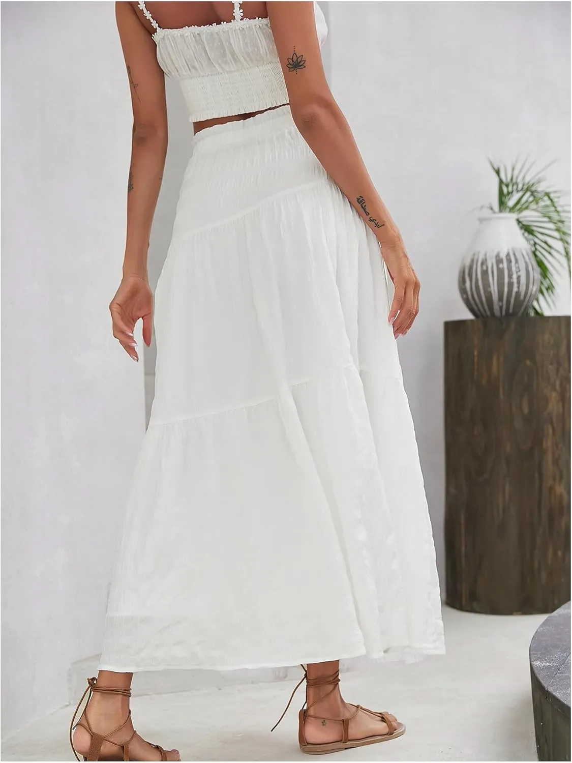 Floerns Women's Elastic High Waist Ruffle Hem Maxi Skirt Layer Boho Flowy Skirts
