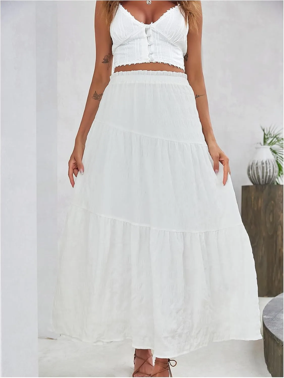 Floerns Women's Elastic High Waist Ruffle Hem Maxi Skirt Layer Boho Flowy Skirts