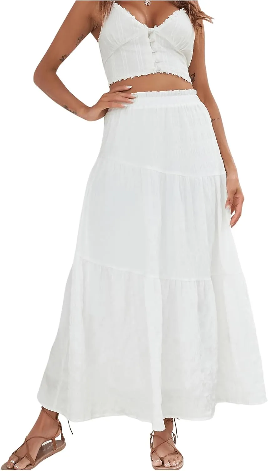 Floerns Women's Elastic High Waist Ruffle Hem Maxi Skirt Layer Boho Flowy Skirts