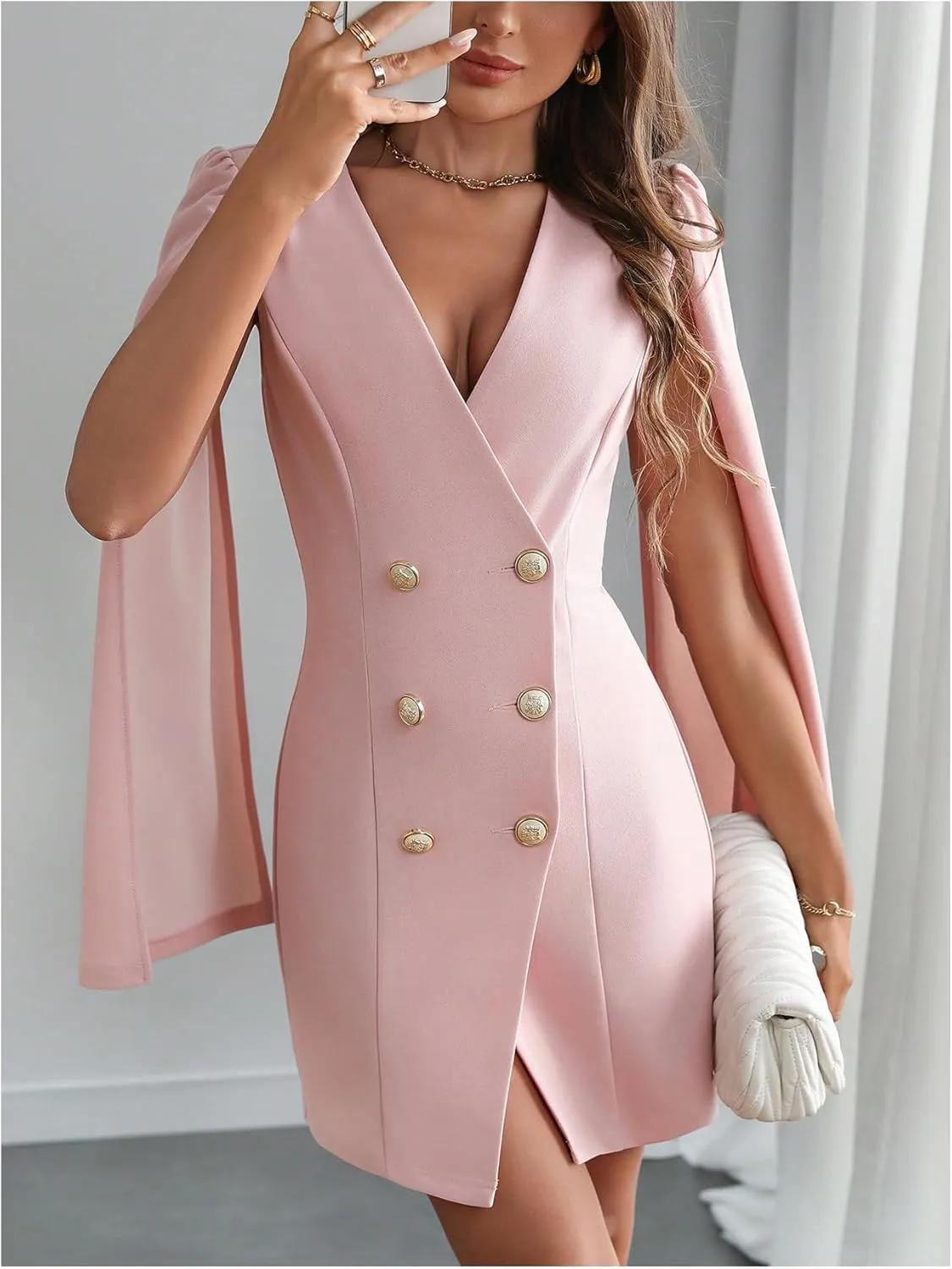 Floerns Women's V Neck Double Breasted Cape Blazer Split Sleeve Elegant Blazer Dress
