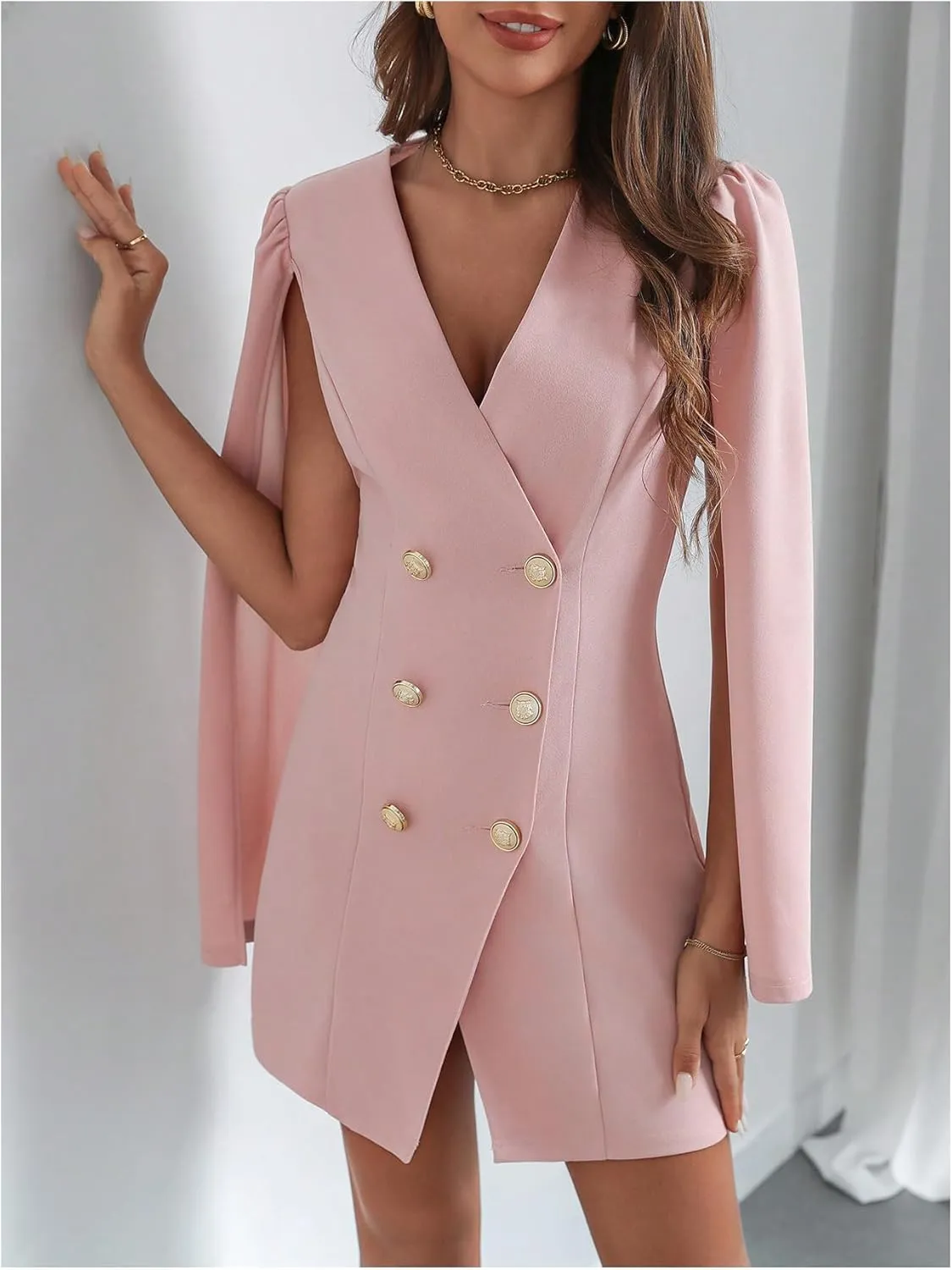 Floerns Women's V Neck Double Breasted Cape Blazer Split Sleeve Elegant Blazer Dress