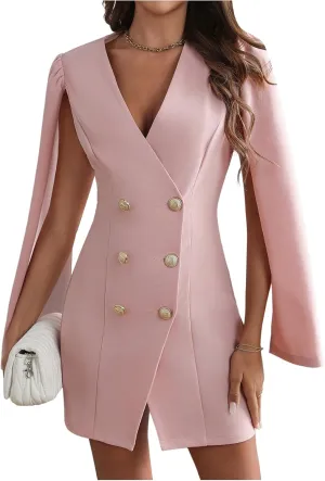 Floerns Women's V Neck Double Breasted Cape Blazer Split Sleeve Elegant Blazer Dress