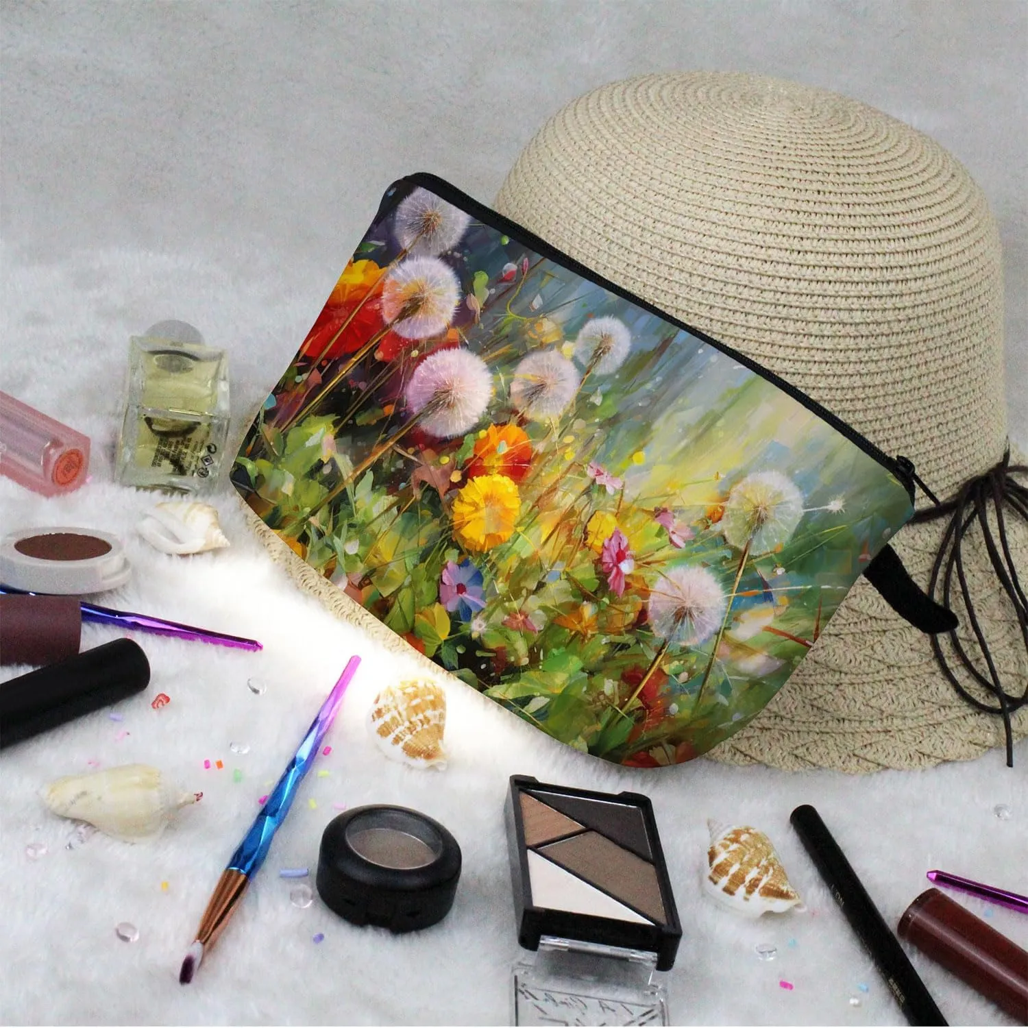 Floral Dandelion Makeup Bag Cute Small Makeup Organizer Bag Travel Toiletry Zipper Pouch Dandelion Cosmetic Bag Birthday Present for Women Friends