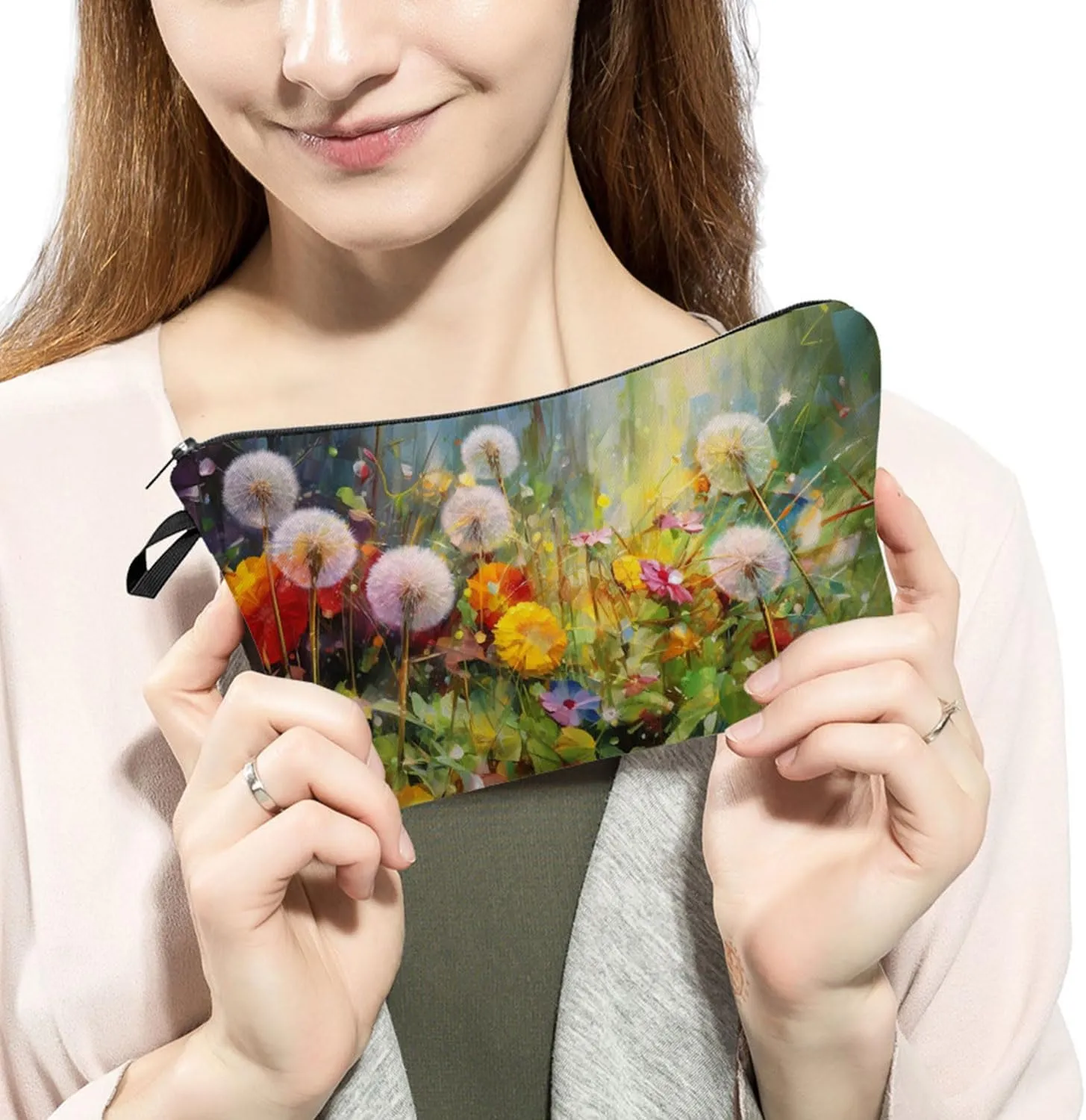 Floral Dandelion Makeup Bag Cute Small Makeup Organizer Bag Travel Toiletry Zipper Pouch Dandelion Cosmetic Bag Birthday Present for Women Friends