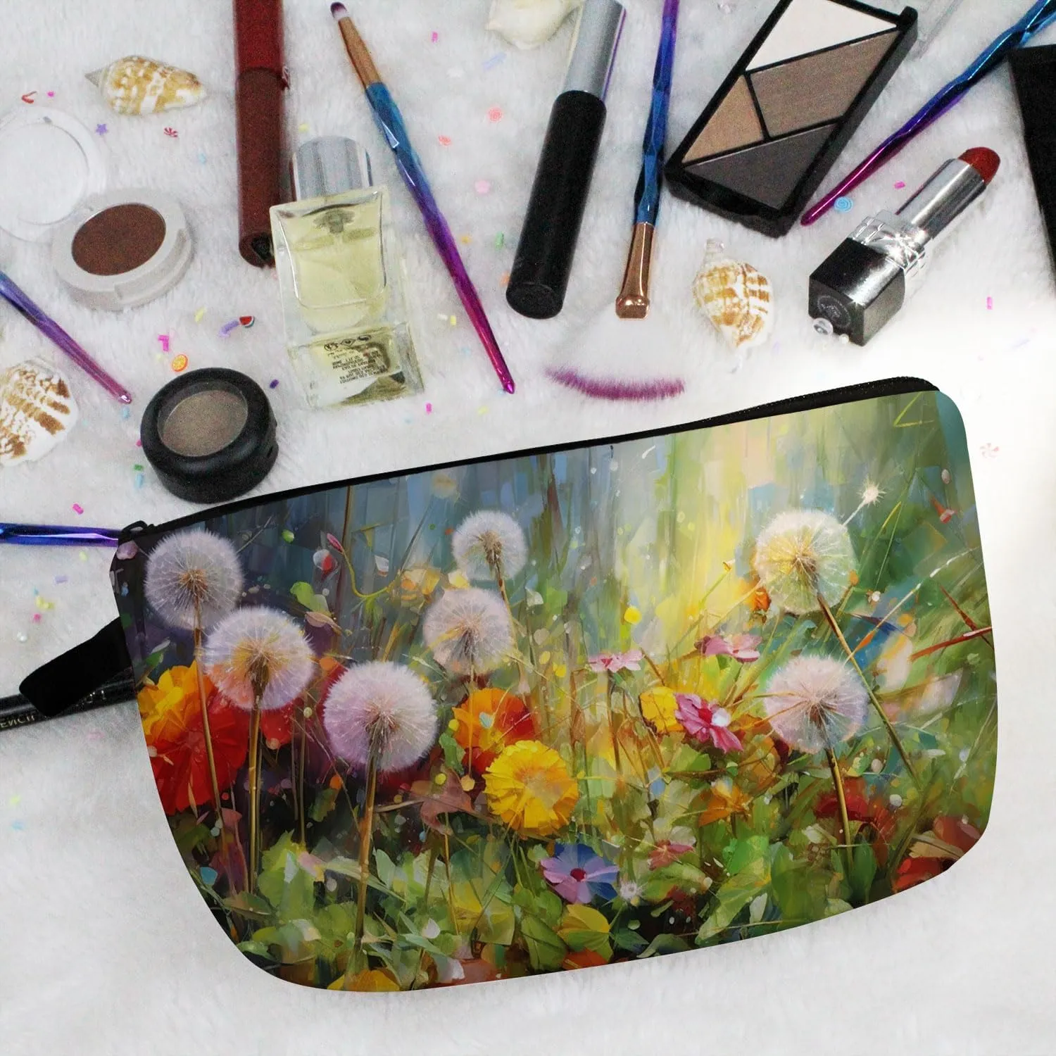 Floral Dandelion Makeup Bag Cute Small Makeup Organizer Bag Travel Toiletry Zipper Pouch Dandelion Cosmetic Bag Birthday Present for Women Friends