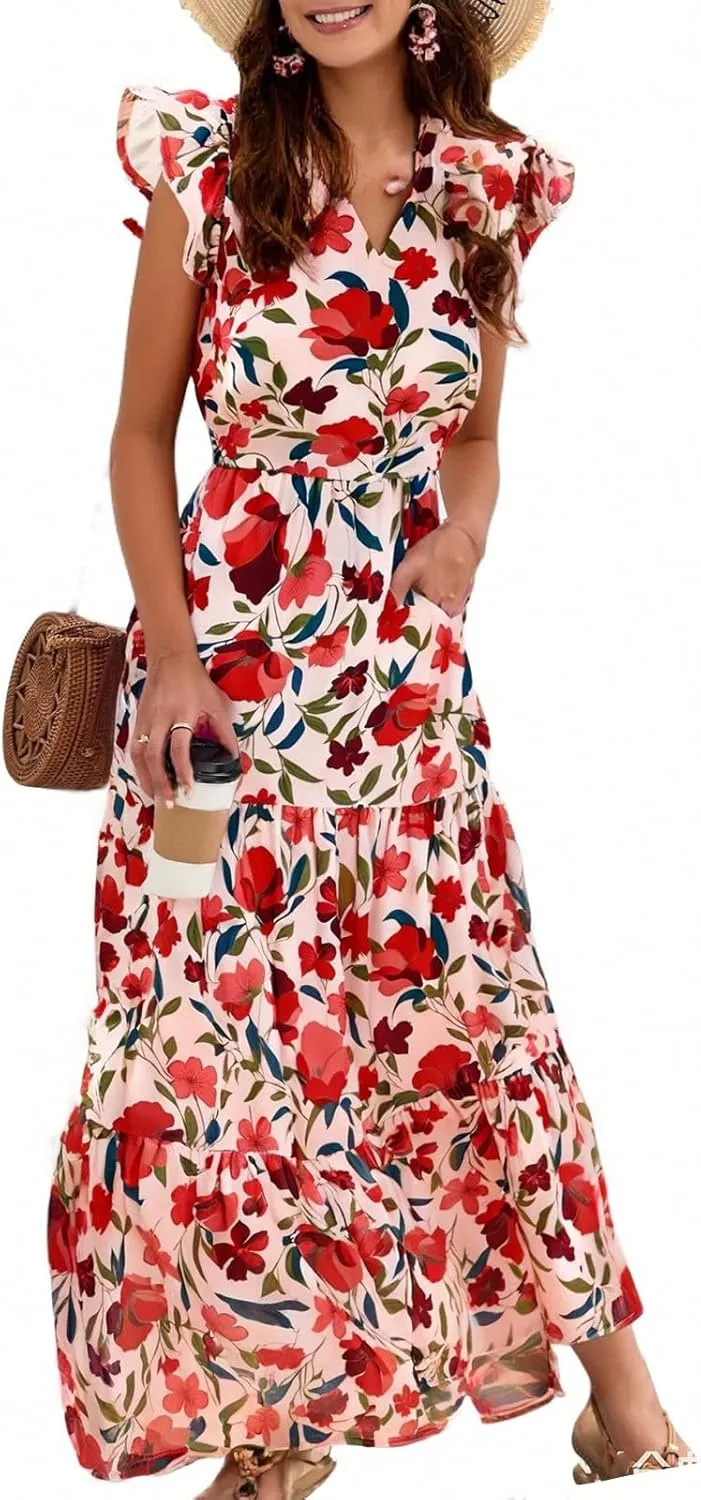 Floral Maxi Dress Summer Wedding Guest V Neck Cap Sleeve Smocked A Line Dress Elegant Colorful Flower Tea Length Dresses