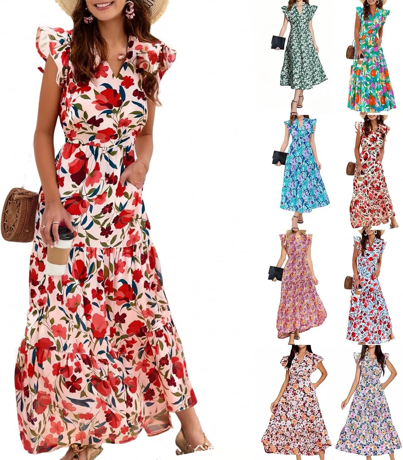 Floral Maxi Dress Summer Wedding Guest V Neck Cap Sleeve Smocked A Line Dress Elegant Colorful Flower Tea Length Dresses