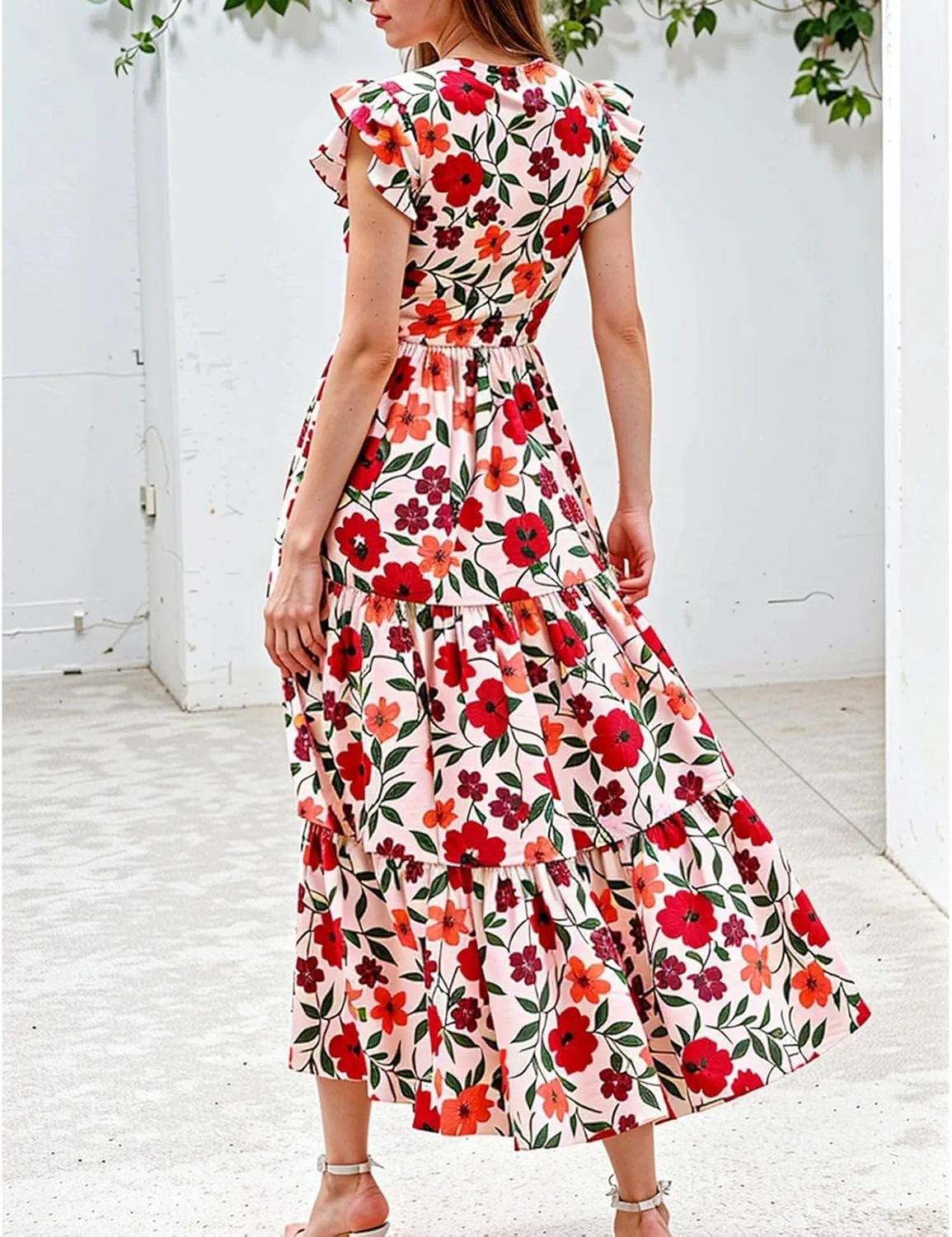 Floral Maxi Dress Summer Wedding Guest V Neck Cap Sleeve Smocked A Line Dress Elegant Colorful Flower Tea Length Dresses