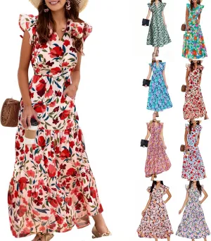Floral Maxi Dress Summer Wedding Guest V Neck Cap Sleeve Smocked A Line Dress Elegant Colorful Flower Tea Length Dresses