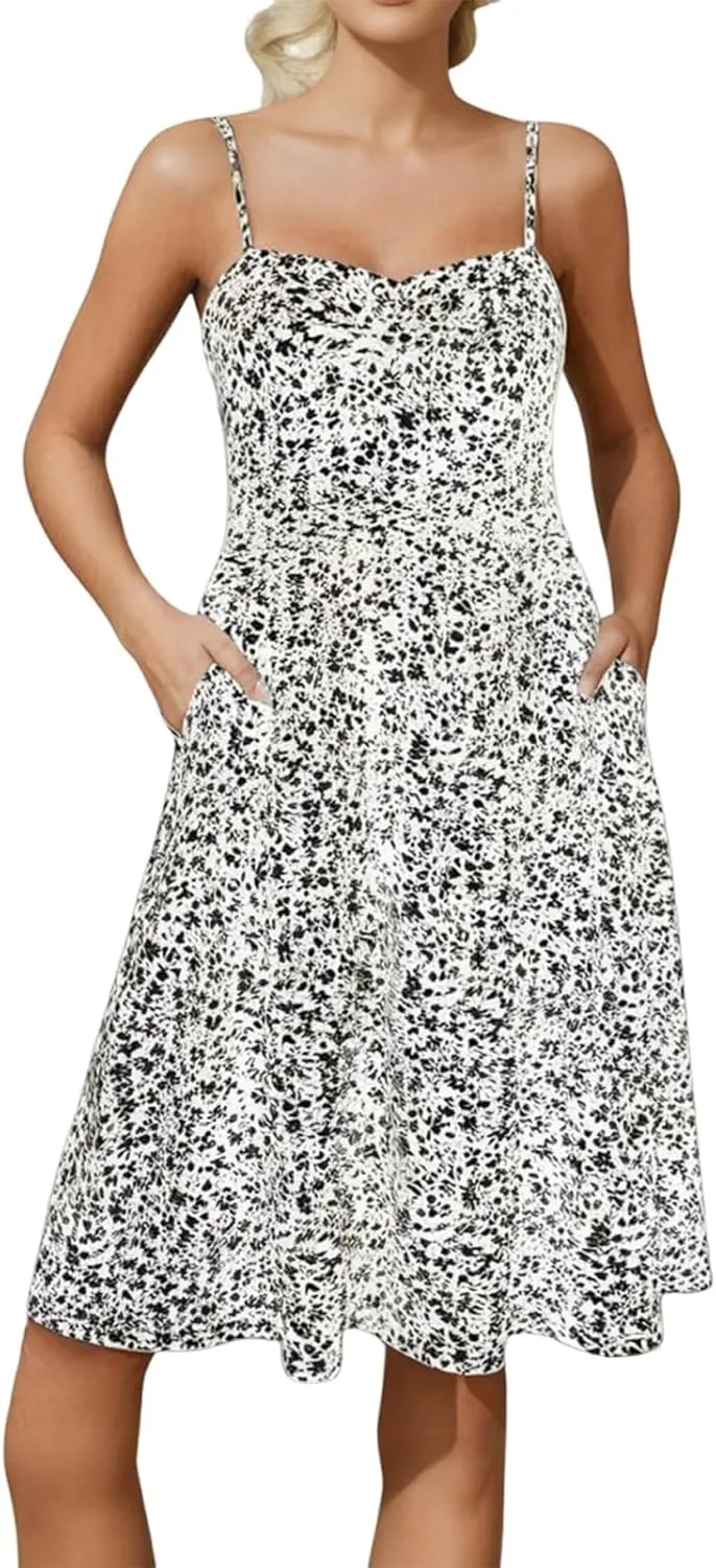 Floral Summer Dress for Women Vintage Casual Spaghetti Strap Knee Length Dress Beach Vacation Flowy Boho Sundress