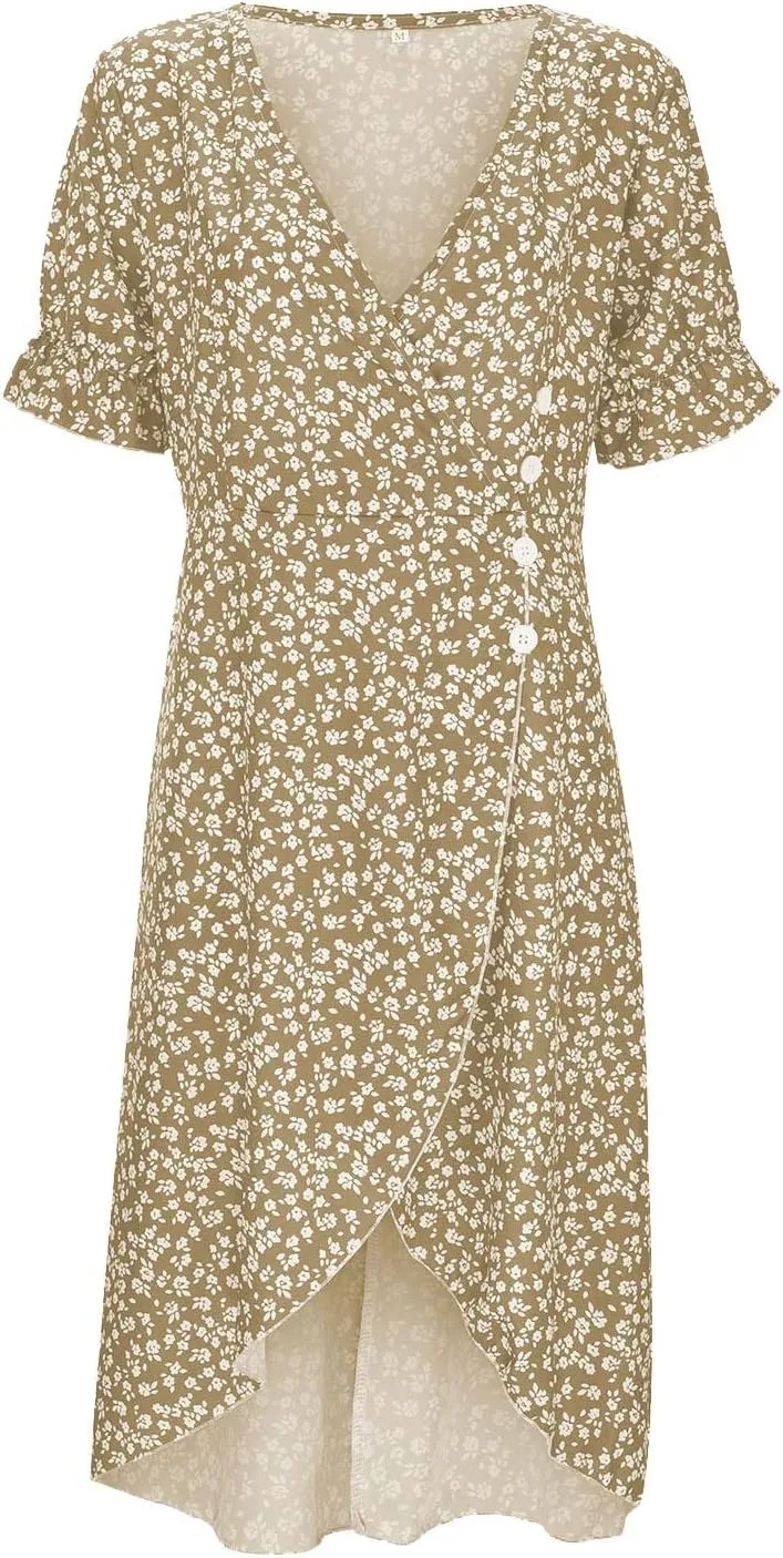 Floral Wrap Dresses for Women 2025 Summer Irregular Hem V Neck Button Boho Dress Elegant Beach Vacation Midi Dresses