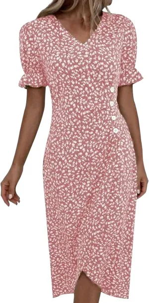 Floral Wrap Dresses for Women 2025 Summer Irregular Hem V Neck Button Boho Dress Elegant Beach Vacation Midi Dresses