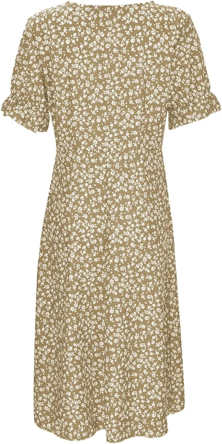 Floral Wrap Dresses for Women 2025 Summer Irregular Hem V Neck Button Boho Dress Elegant Beach Vacation Midi Dresses