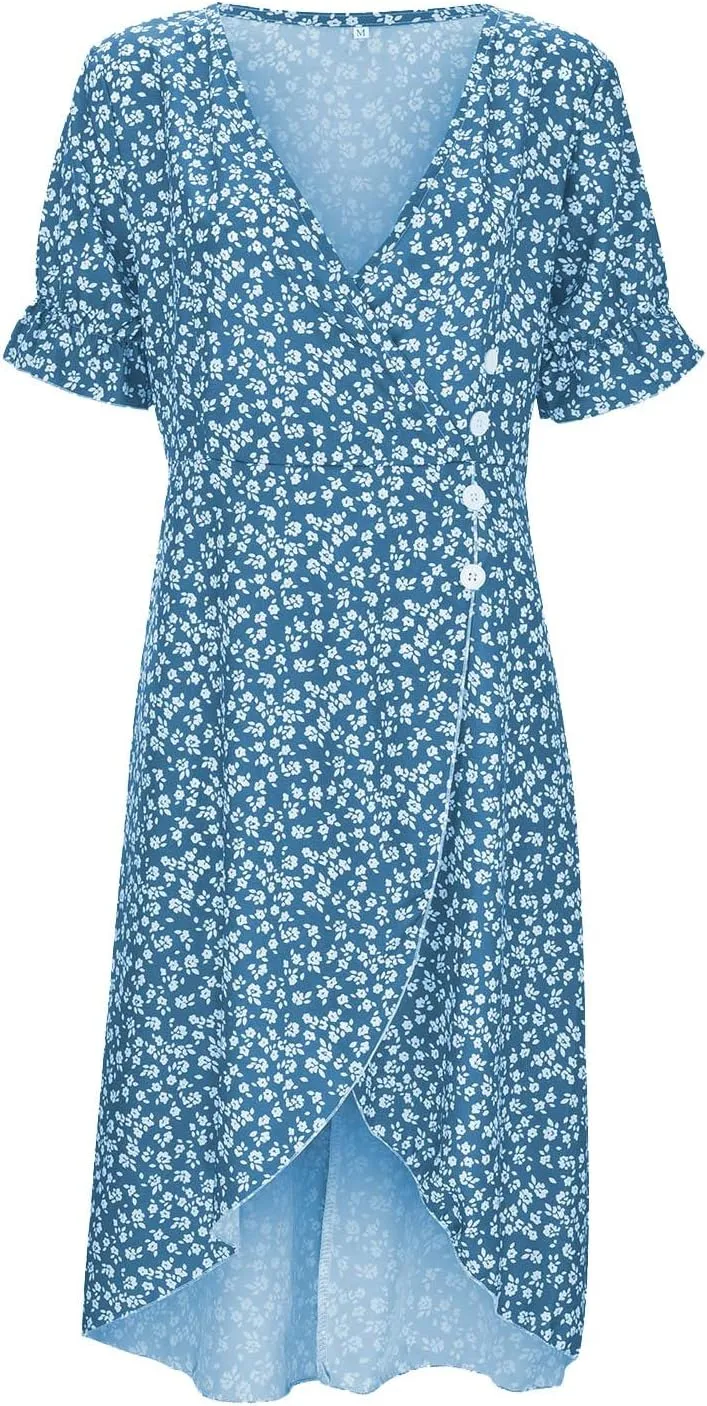 Floral Wrap Dresses for Women 2025 Summer Irregular Hem V Neck Button Boho Dress Elegant Beach Vacation Midi Dresses