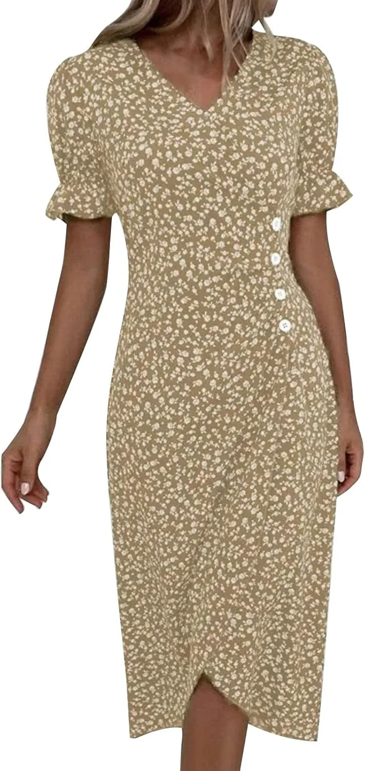 Floral Wrap Dresses for Women 2025 Summer Irregular Hem V Neck Button Boho Dress Elegant Beach Vacation Midi Dresses