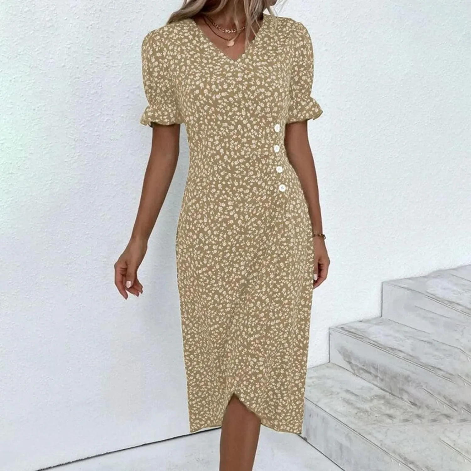 Floral Wrap Dresses for Women 2025 Summer Irregular Hem V Neck Button Boho Dress Elegant Beach Vacation Midi Dresses