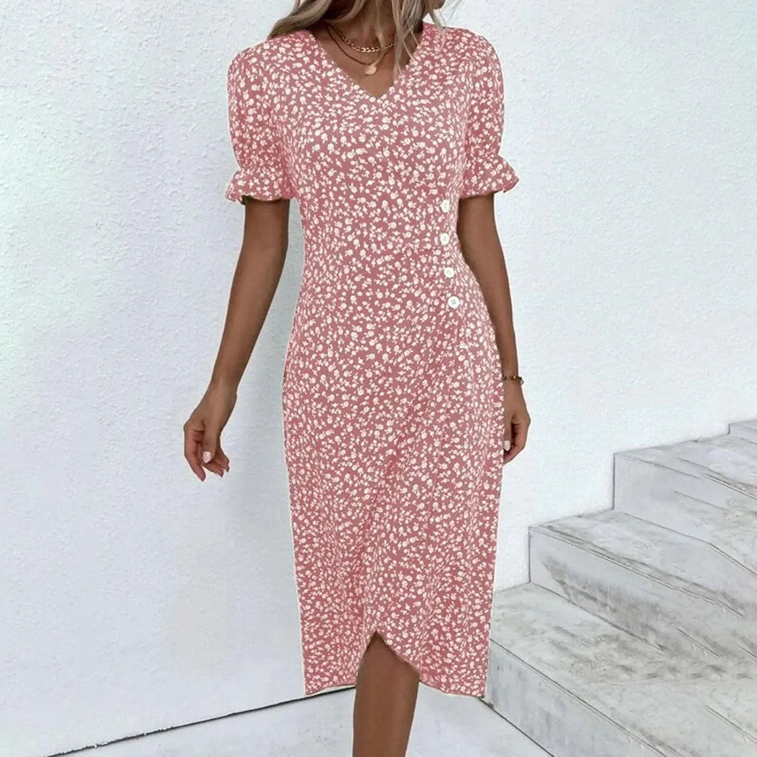 Floral Wrap Dresses for Women 2025 Summer Irregular Hem V Neck Button Boho Dress Elegant Beach Vacation Midi Dresses