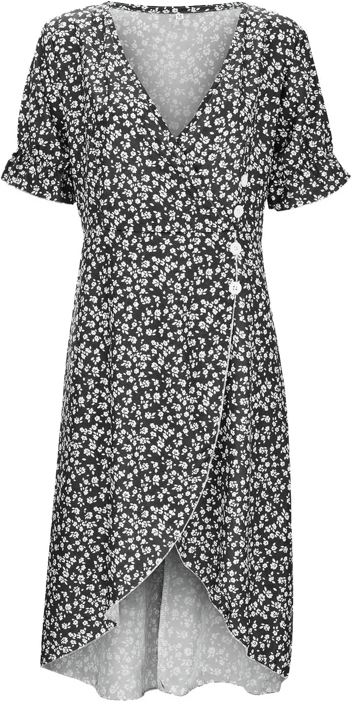 Floral Wrap Dresses for Women 2025 Summer Irregular Hem V Neck Button Boho Dress Elegant Beach Vacation Midi Dresses
