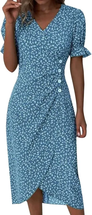 Floral Wrap Dresses for Women 2025 Summer Irregular Hem V Neck Button Boho Dress Elegant Beach Vacation Midi Dresses