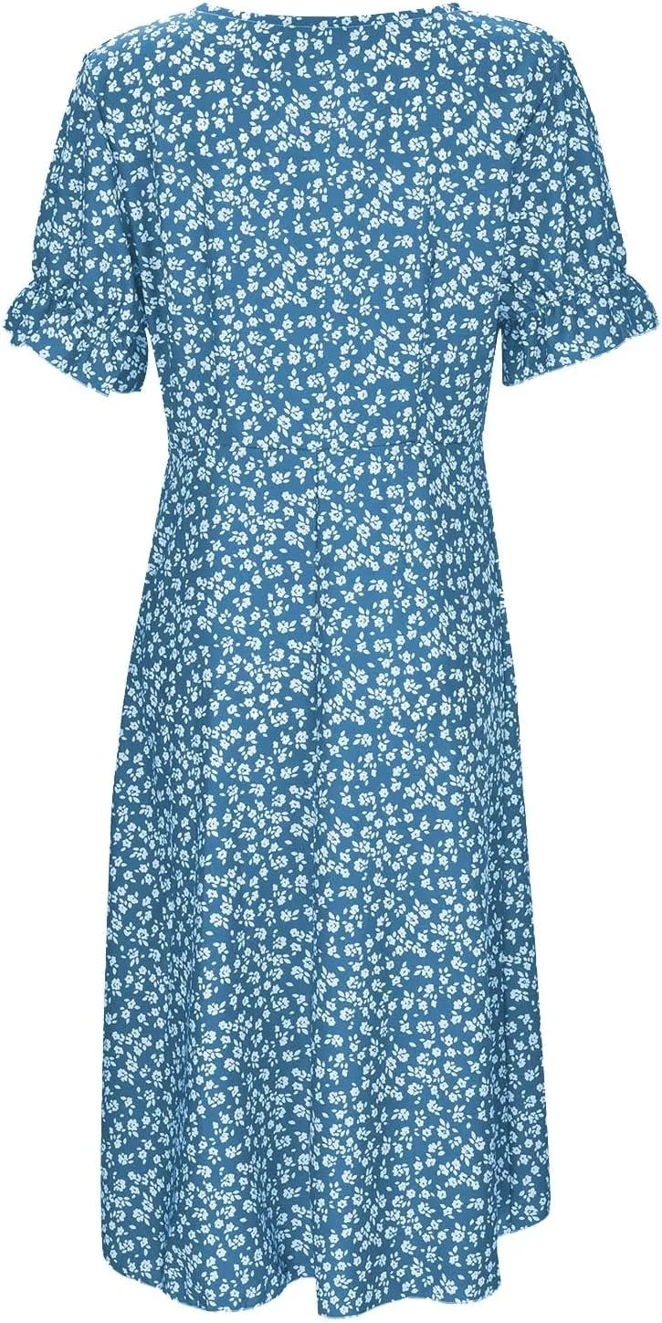 Floral Wrap Dresses for Women 2025 Summer Irregular Hem V Neck Button Boho Dress Elegant Beach Vacation Midi Dresses