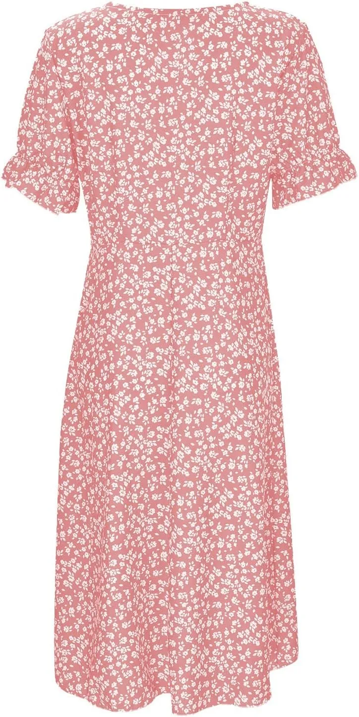Floral Wrap Dresses for Women 2025 Summer Irregular Hem V Neck Button Boho Dress Elegant Beach Vacation Midi Dresses