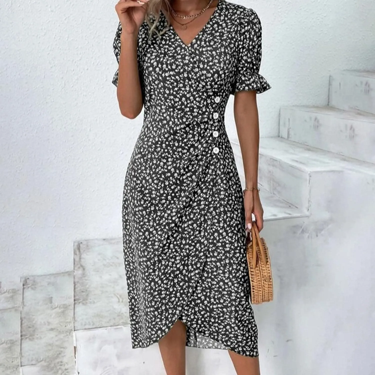 Floral Wrap Dresses for Women 2025 Summer Irregular Hem V Neck Button Boho Dress Elegant Beach Vacation Midi Dresses