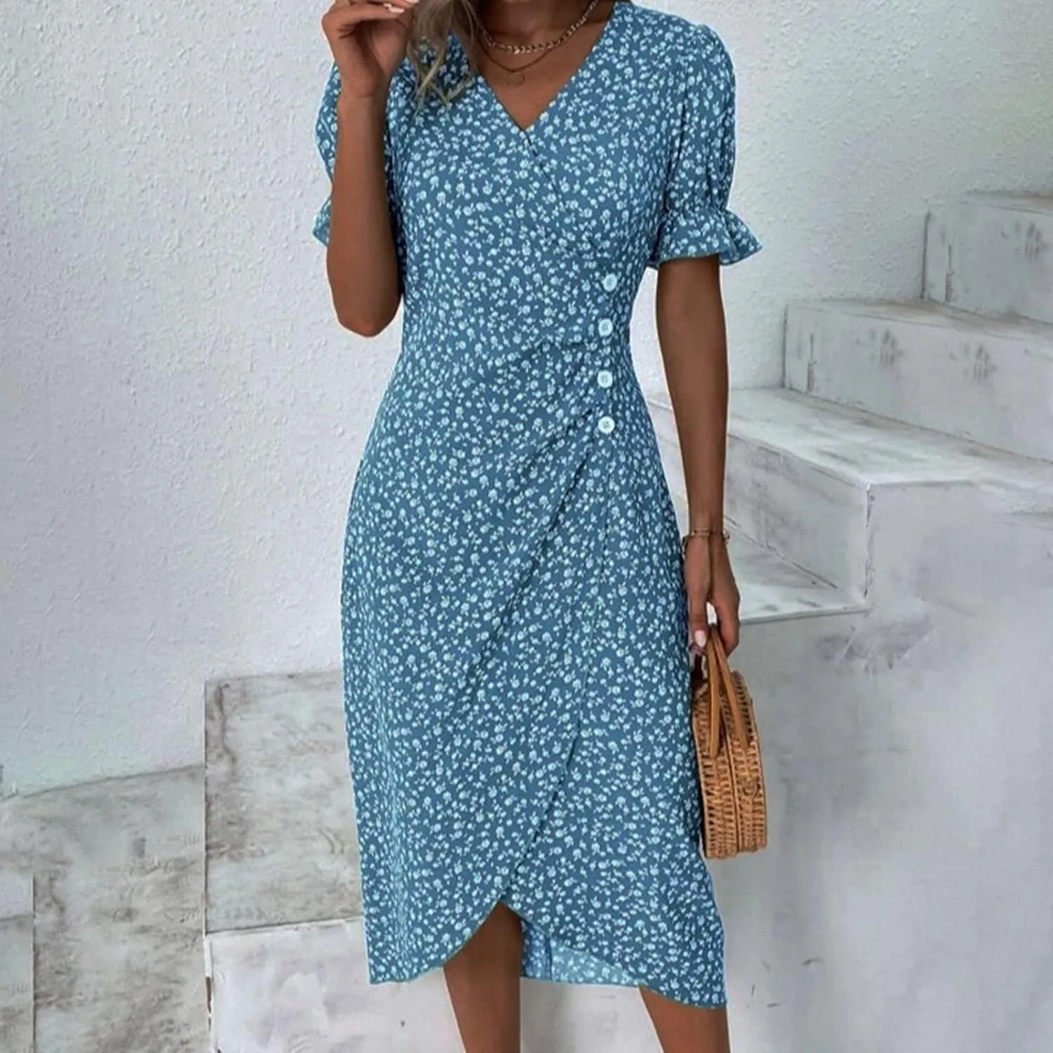Floral Wrap Dresses for Women 2025 Summer Irregular Hem V Neck Button Boho Dress Elegant Beach Vacation Midi Dresses
