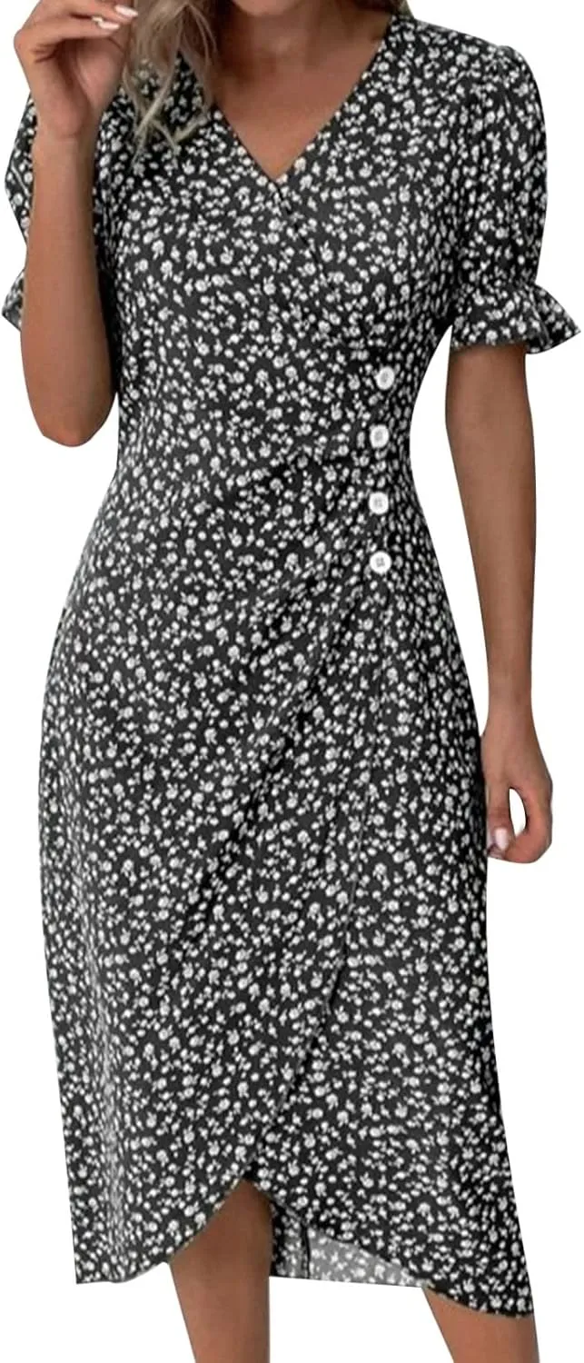 Floral Wrap Dresses for Women 2025 Summer Irregular Hem V Neck Button Boho Dress Elegant Beach Vacation Midi Dresses
