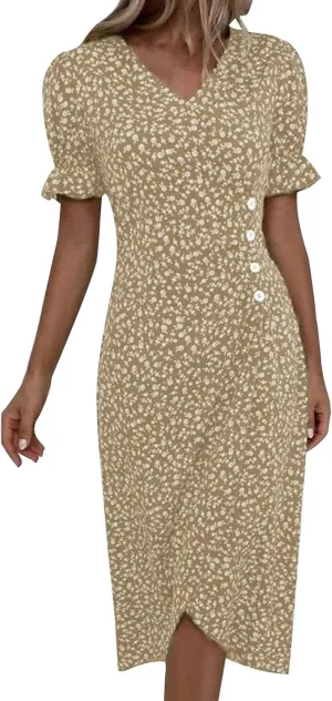 Floral Wrap Dresses for Women 2025 Summer Irregular Hem V Neck Button Boho Dress Elegant Beach Vacation Midi Dresses