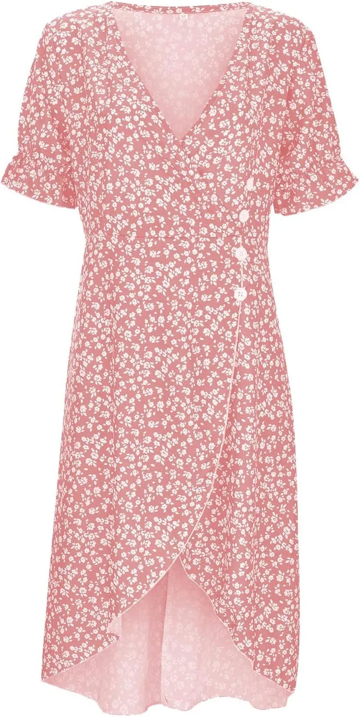 Floral Wrap Dresses for Women 2025 Summer Irregular Hem V Neck Button Boho Dress Elegant Beach Vacation Midi Dresses