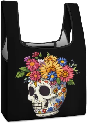 Flower Skull Shopping Bags Reusable Grocery Bag Lightweight Tote Bags Holiday Bags with Handles