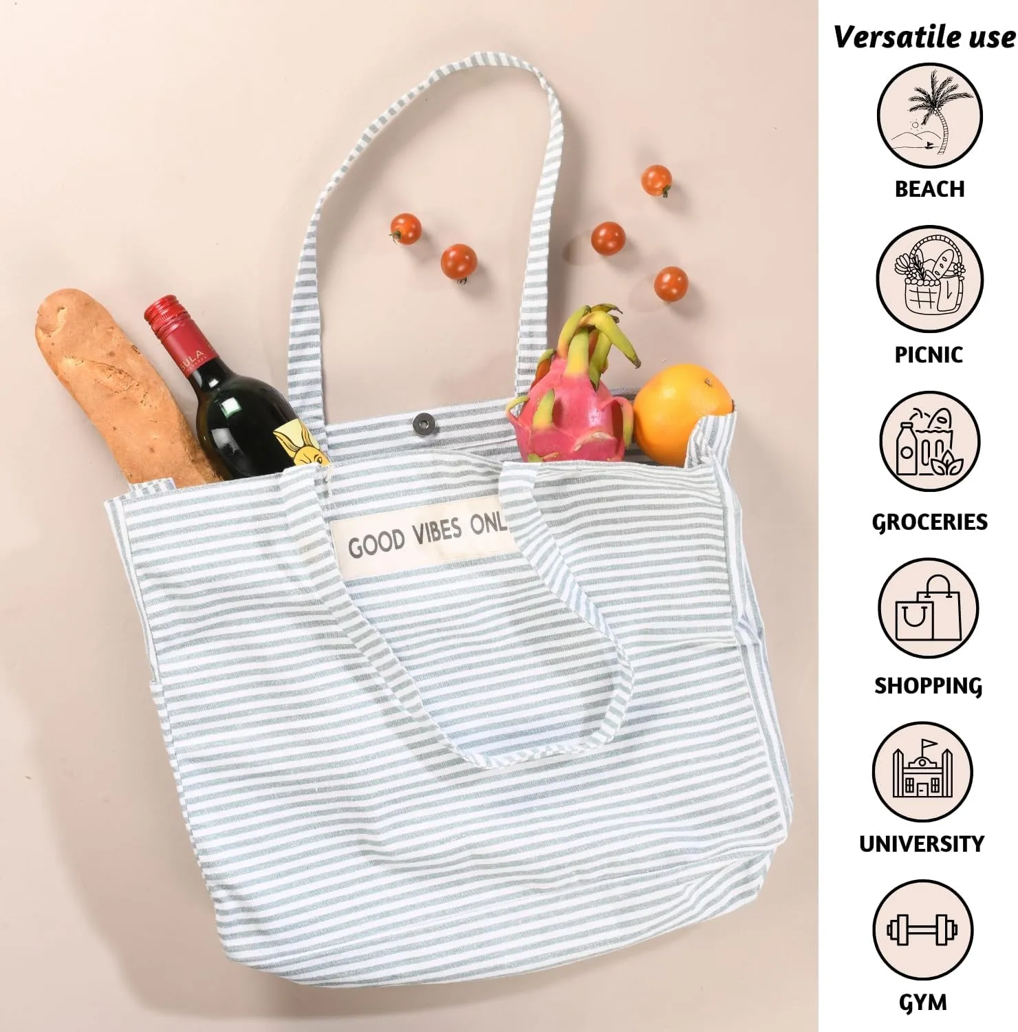 Folkulture Beach Bag for Women | 17 x 14 Inch - 100% Cotton Beach Tote Bag with Zipper Pocket Inside, Large Woven Pool Bag