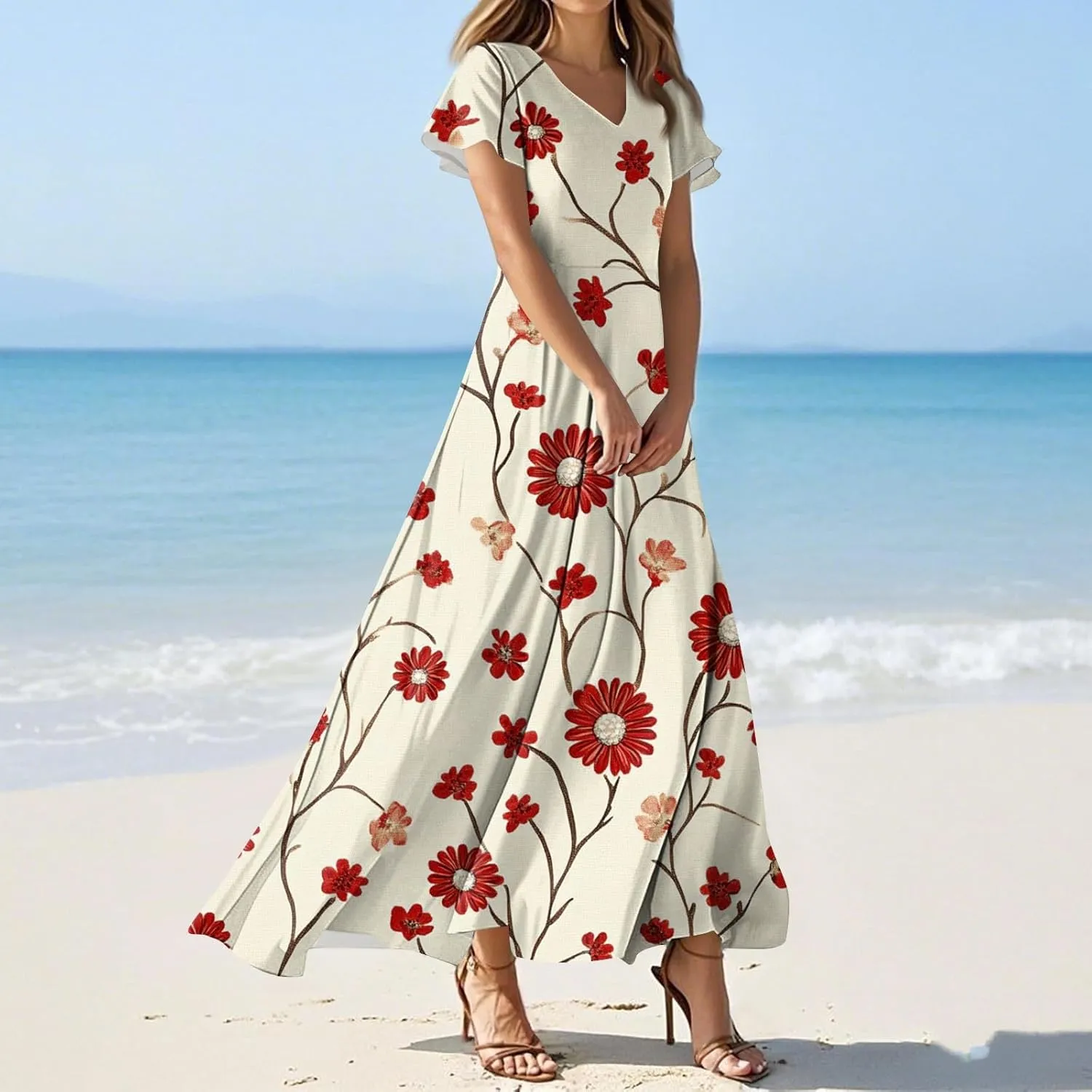 Formal Dresses for Women,Women's Loose Casual V-Neck Short Sleeved High Waisted Print Chiffon Dress