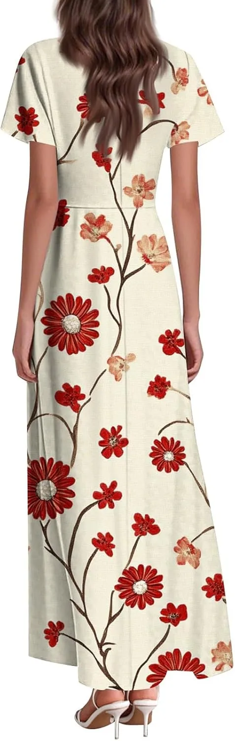 Formal Dresses for Women,Women's Loose Casual V-Neck Short Sleeved High Waisted Print Chiffon Dress