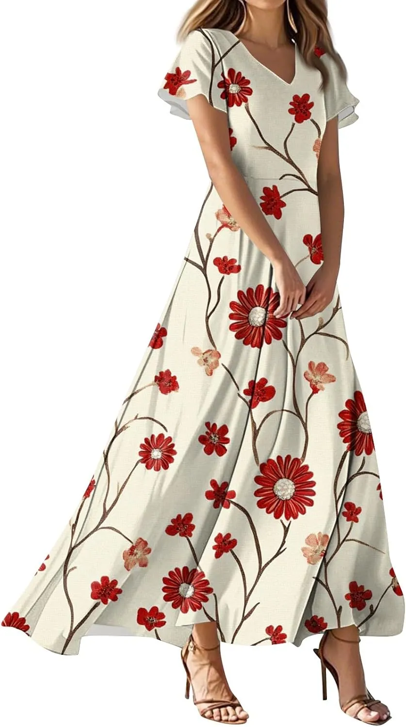 Formal Dresses for Women,Women's Loose Casual V-Neck Short Sleeved High Waisted Print Chiffon Dress