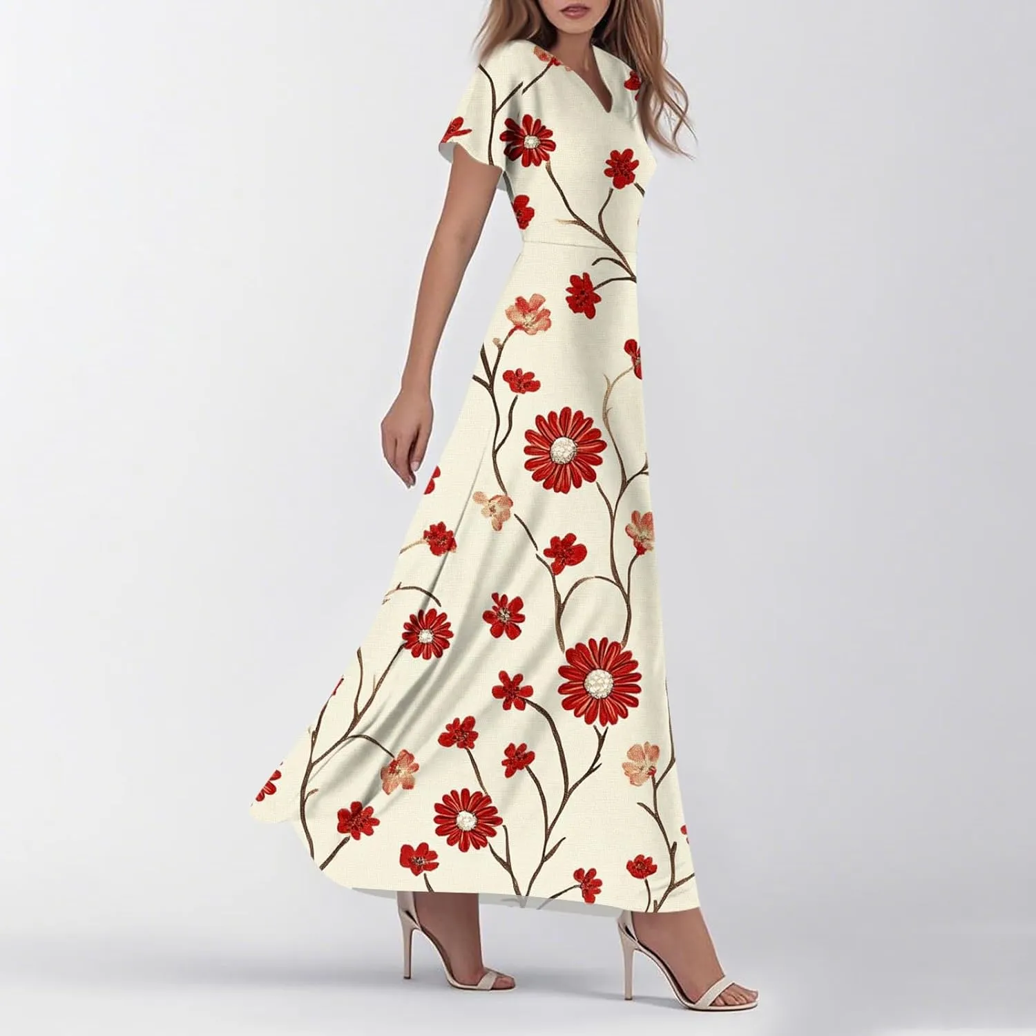 Formal Dresses for Women,Women's Loose Casual V-Neck Short Sleeved High Waisted Print Chiffon Dress