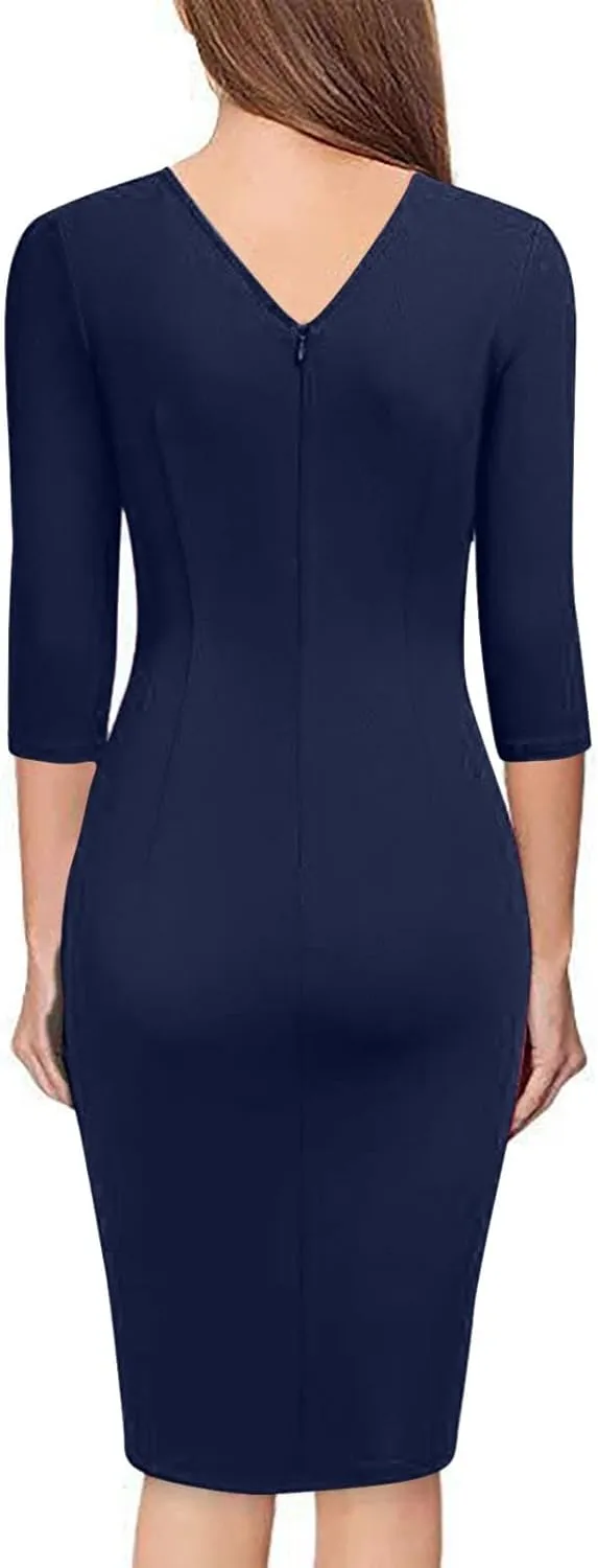 Formal Elegant Long Sleeve Midi Dress Sexy Bodycon Smocked V Neck Knee Length Dress Trendy Plus Size Party Dress