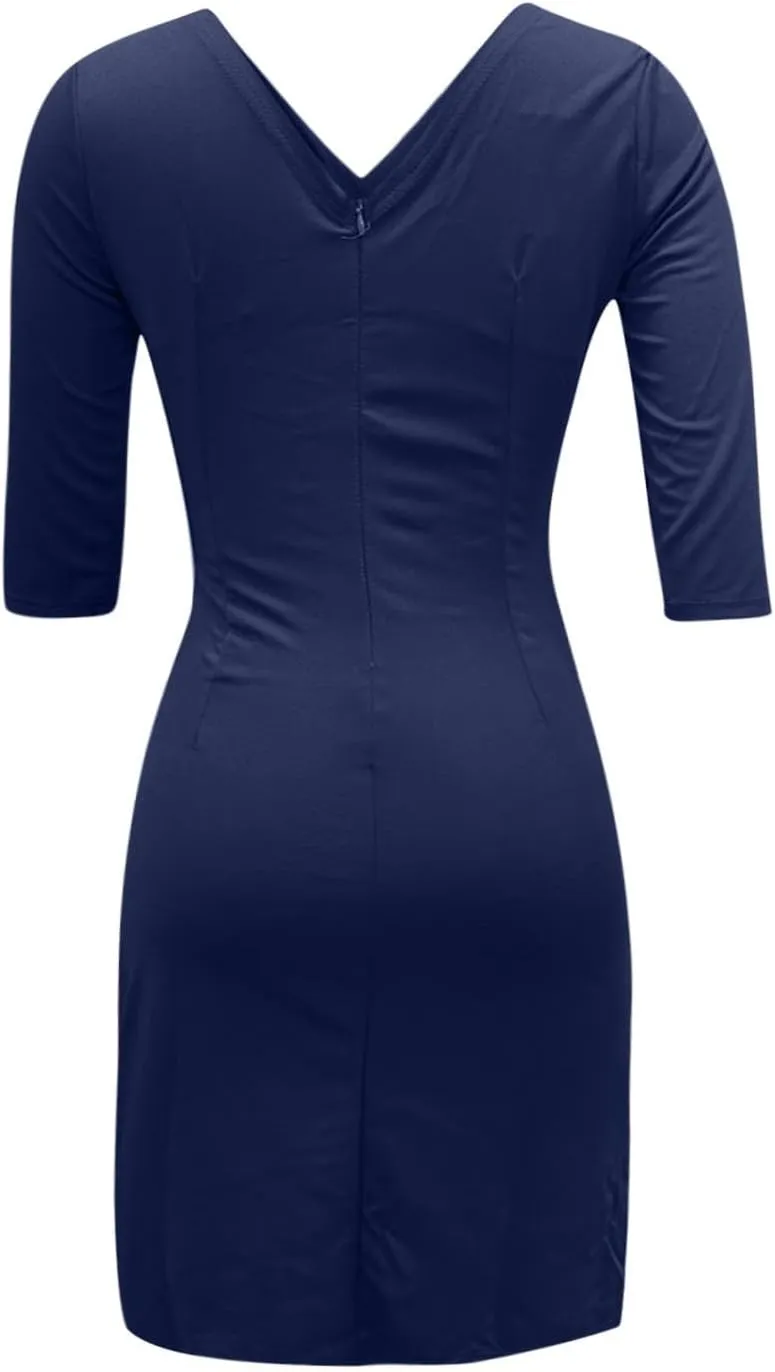 Formal Elegant Long Sleeve Midi Dress Sexy Bodycon Smocked V Neck Knee Length Dress Trendy Plus Size Party Dress