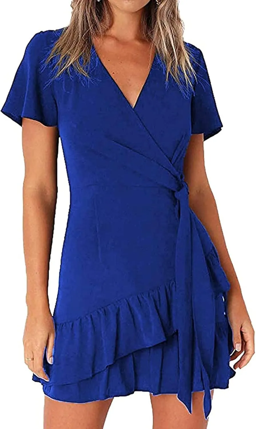 Franterd Womens Wrap Dresses V Neck Elegant Ruffles Mini Sexy Dress Short Sleeve Summer Beach Dresses with Belt