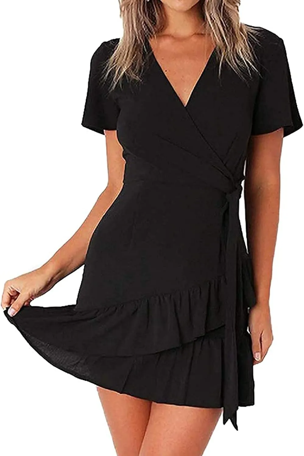Franterd Womens Wrap Dresses V Neck Elegant Ruffles Mini Sexy Dress Short Sleeve Summer Beach Dresses with Belt