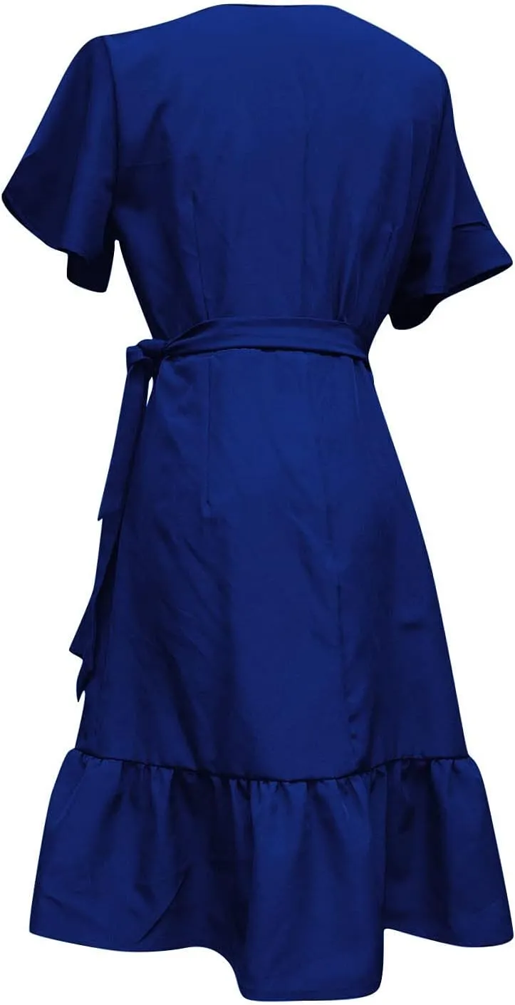 Franterd Womens Wrap Dresses V Neck Elegant Ruffles Mini Sexy Dress Short Sleeve Summer Beach Dresses with Belt