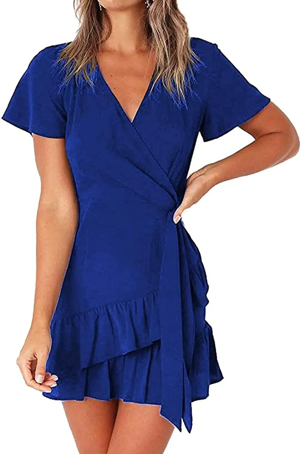 Franterd Womens Wrap Dresses V Neck Elegant Ruffles Mini Sexy Dress Short Sleeve Summer Beach Dresses with Belt