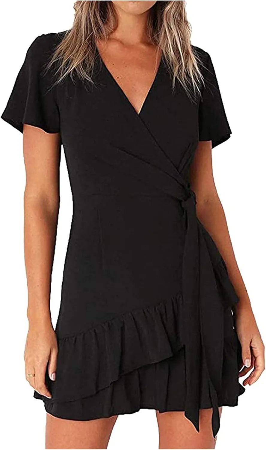 Franterd Womens Wrap Dresses V Neck Elegant Ruffles Mini Sexy Dress Short Sleeve Summer Beach Dresses with Belt