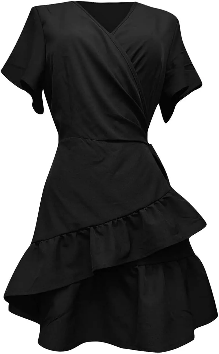 Franterd Womens Wrap Dresses V Neck Elegant Ruffles Mini Sexy Dress Short Sleeve Summer Beach Dresses with Belt