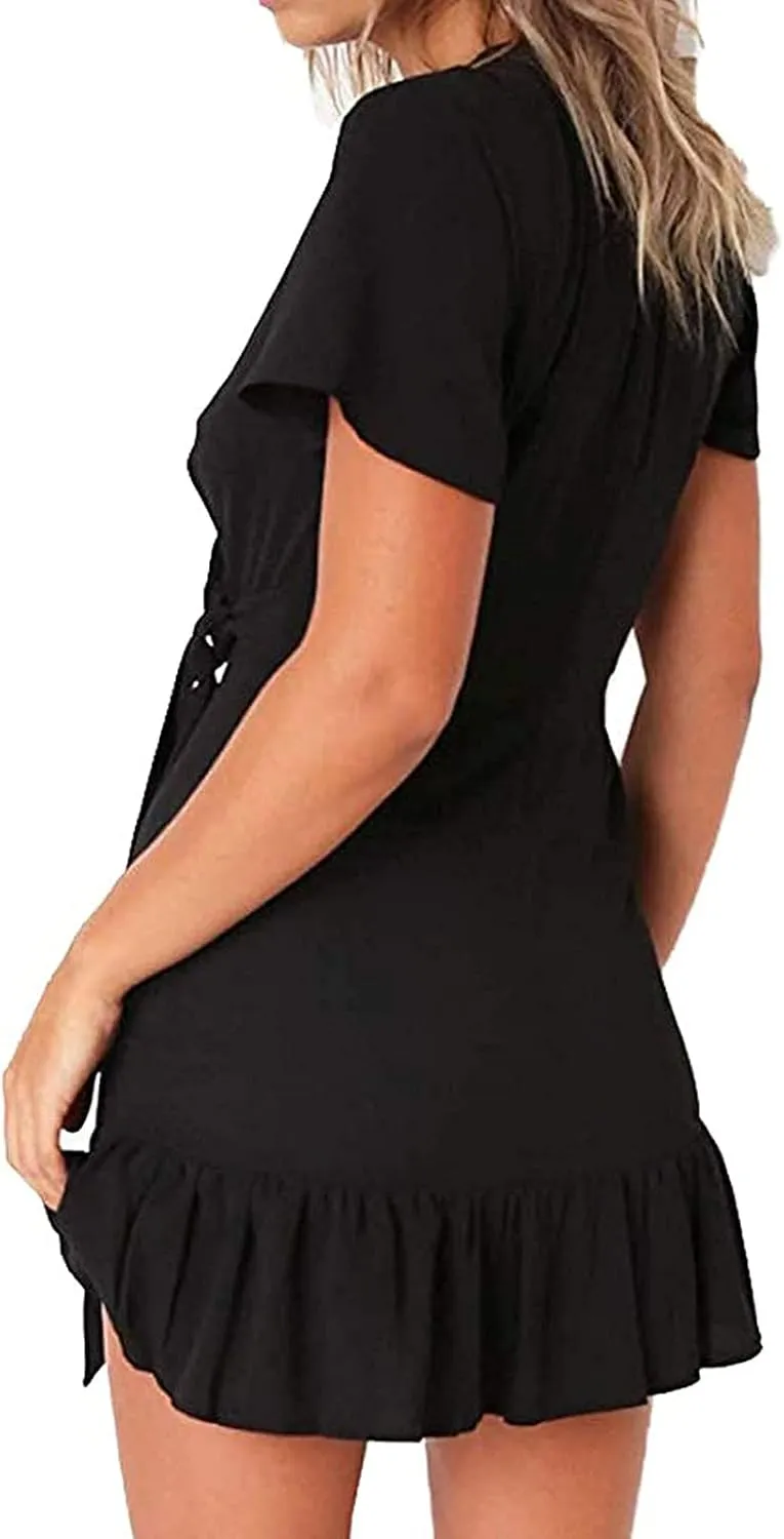 Franterd Womens Wrap Dresses V Neck Elegant Ruffles Mini Sexy Dress Short Sleeve Summer Beach Dresses with Belt