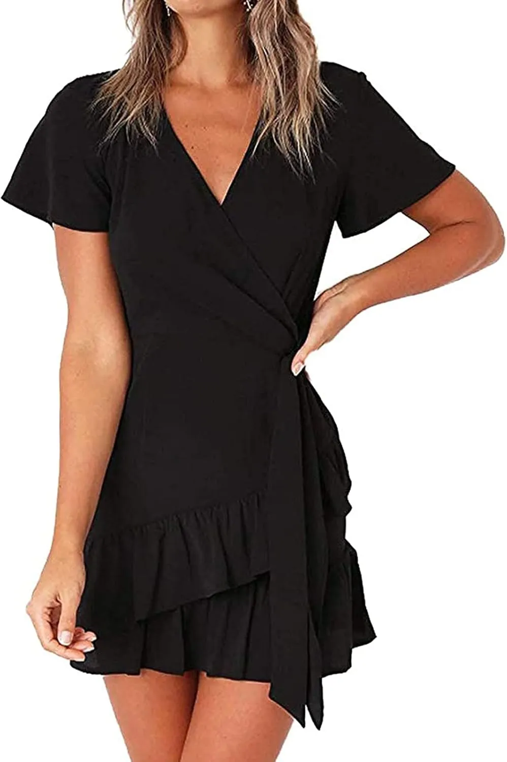Franterd Womens Wrap Dresses V Neck Elegant Ruffles Mini Sexy Dress Short Sleeve Summer Beach Dresses with Belt