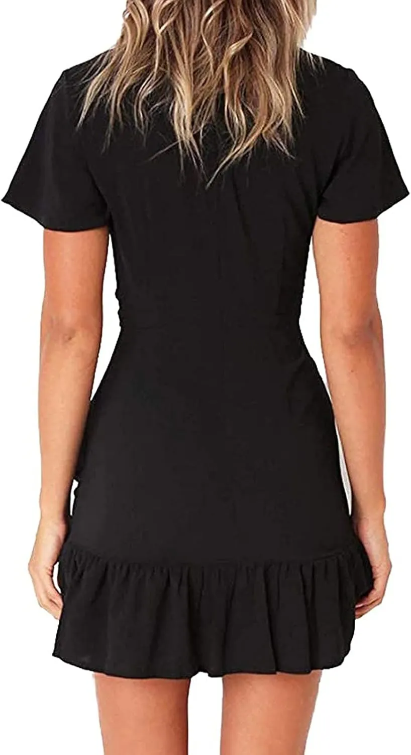 Franterd Womens Wrap Dresses V Neck Elegant Ruffles Mini Sexy Dress Short Sleeve Summer Beach Dresses with Belt